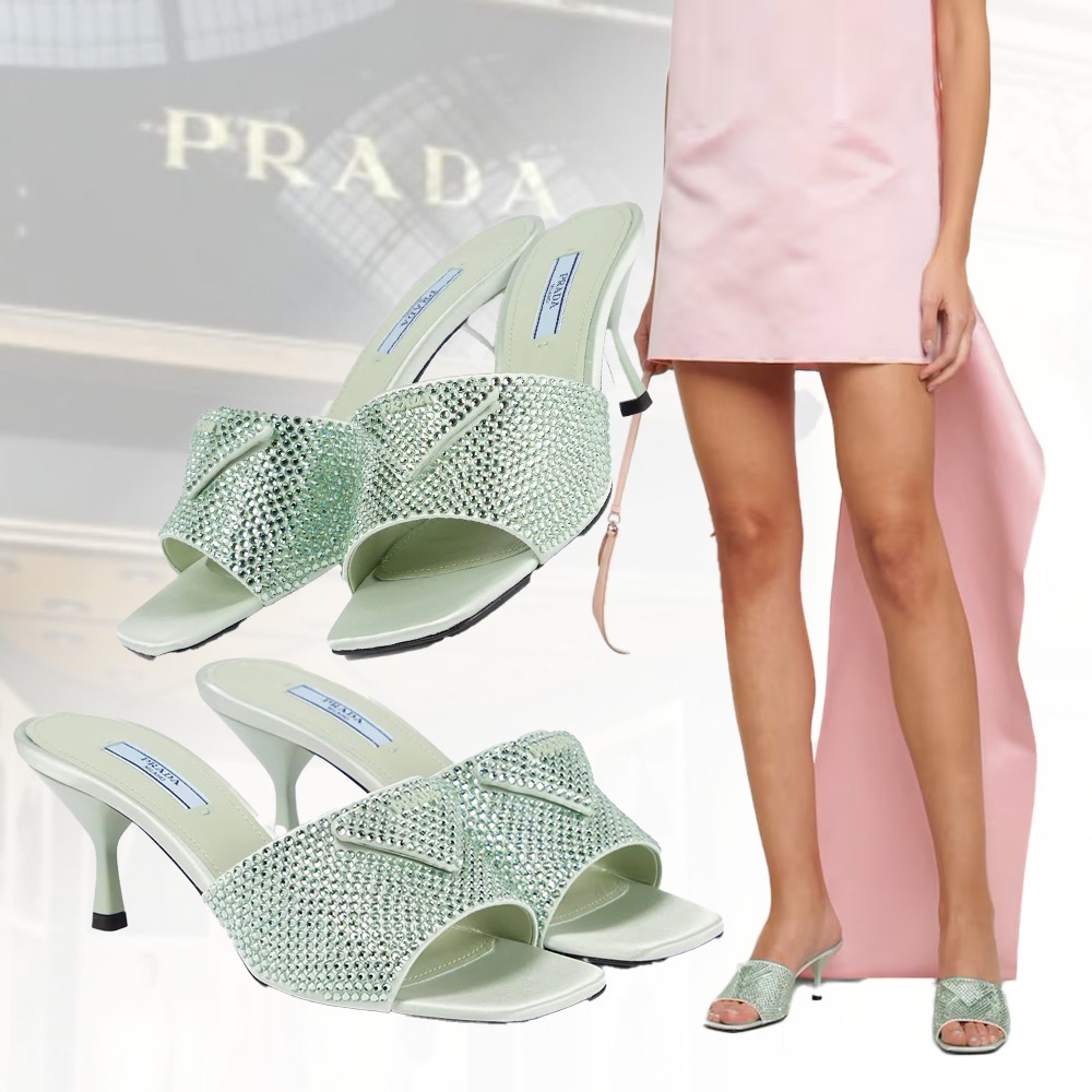 【特別な日に♪】PRADA クリスタル装飾サテンサンダル アクア