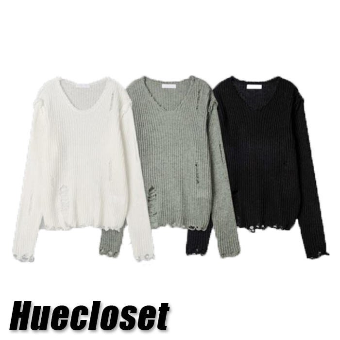 ニット・セーター HUECLOSET Damage V Neck Knit 25KERO228