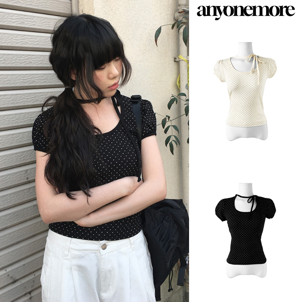 【Anyone more】Riyoung Dot Short Sleeve Ribbon Puff T-shirt