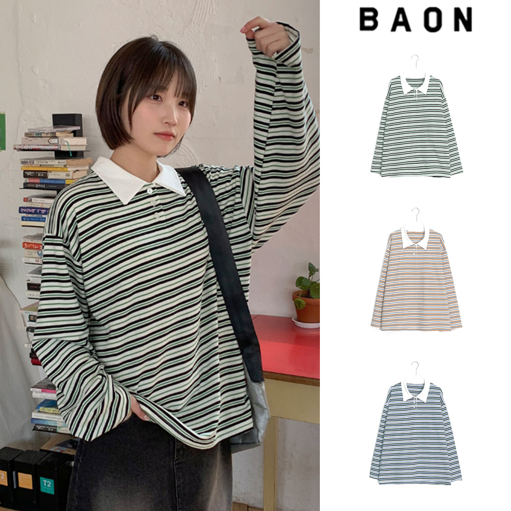 【BAON】Mahyu Stripe Collar Long Sleeve Tee