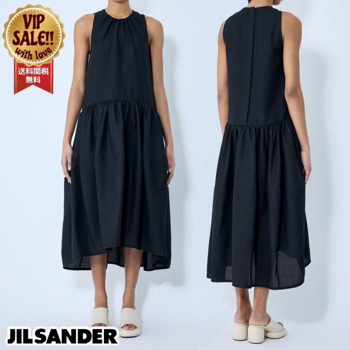 【Jil Sander】 ギャザー・ウールマキシワンピース ブラック