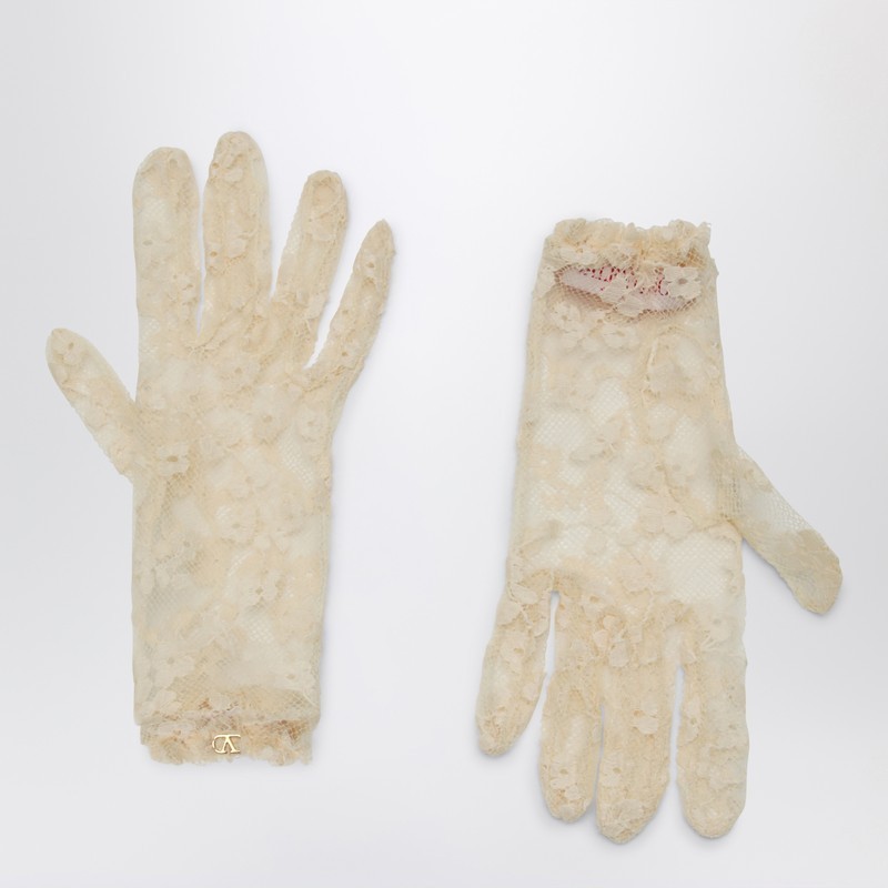 手袋 Valentino Garavani Vlogo Signature butter-coloured lace glov
