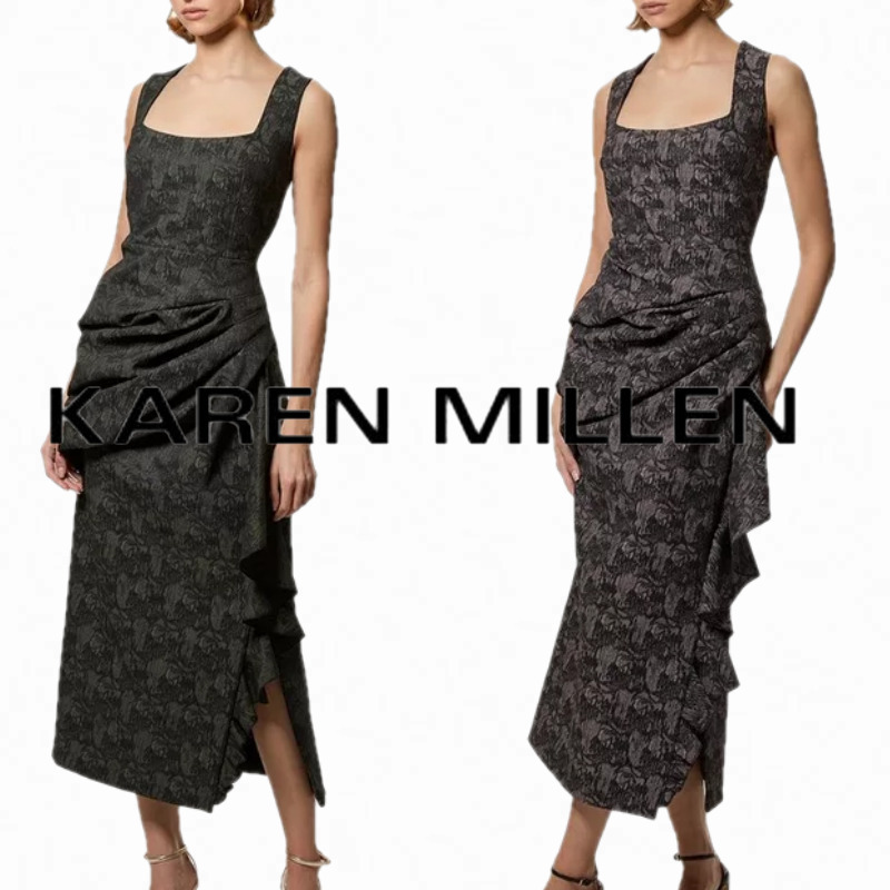 安心追跡【KAREN MILLEN】フリル ストラップ ウーブン ドレス KAREN MILLEN ストレッチ コントラストスリ−ブ Aライン ドレス