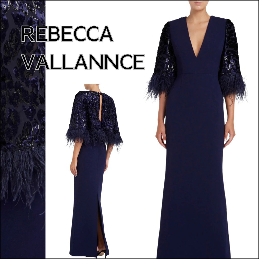 【REBECCA VALLANCE】ロング ドレス ケープスリーブ ネイビー