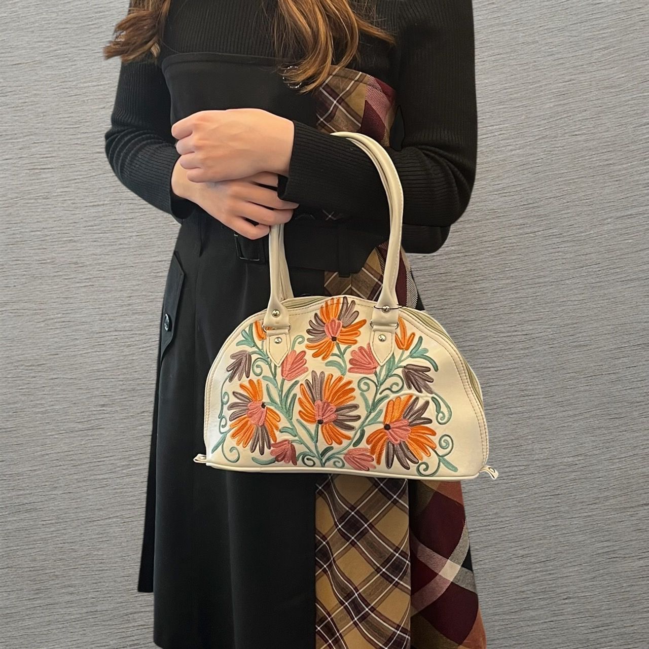 カシミールバッグ 草花模様 牛革 1点もの ハンドメイド 花柄