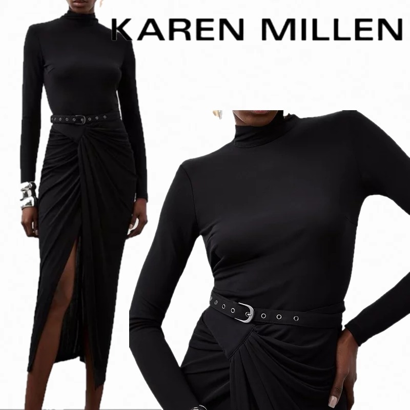 【KAREN MILLEN ビスコース シャーリング ミディドレス 黒