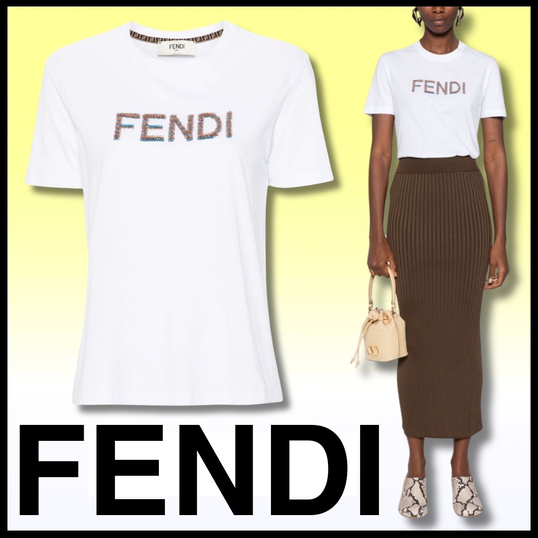【FENDI】フェンディ スパンコール刺繍ロゴ コットンTシャツ