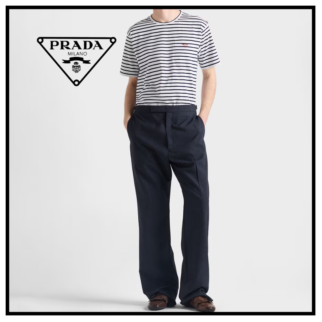【PRADA】ストライプ コットン Tシャツ★ホワイト ブルー★XL PRADA】ストライプ コットン Tシャツ☆ホワイト ブルー☆XS