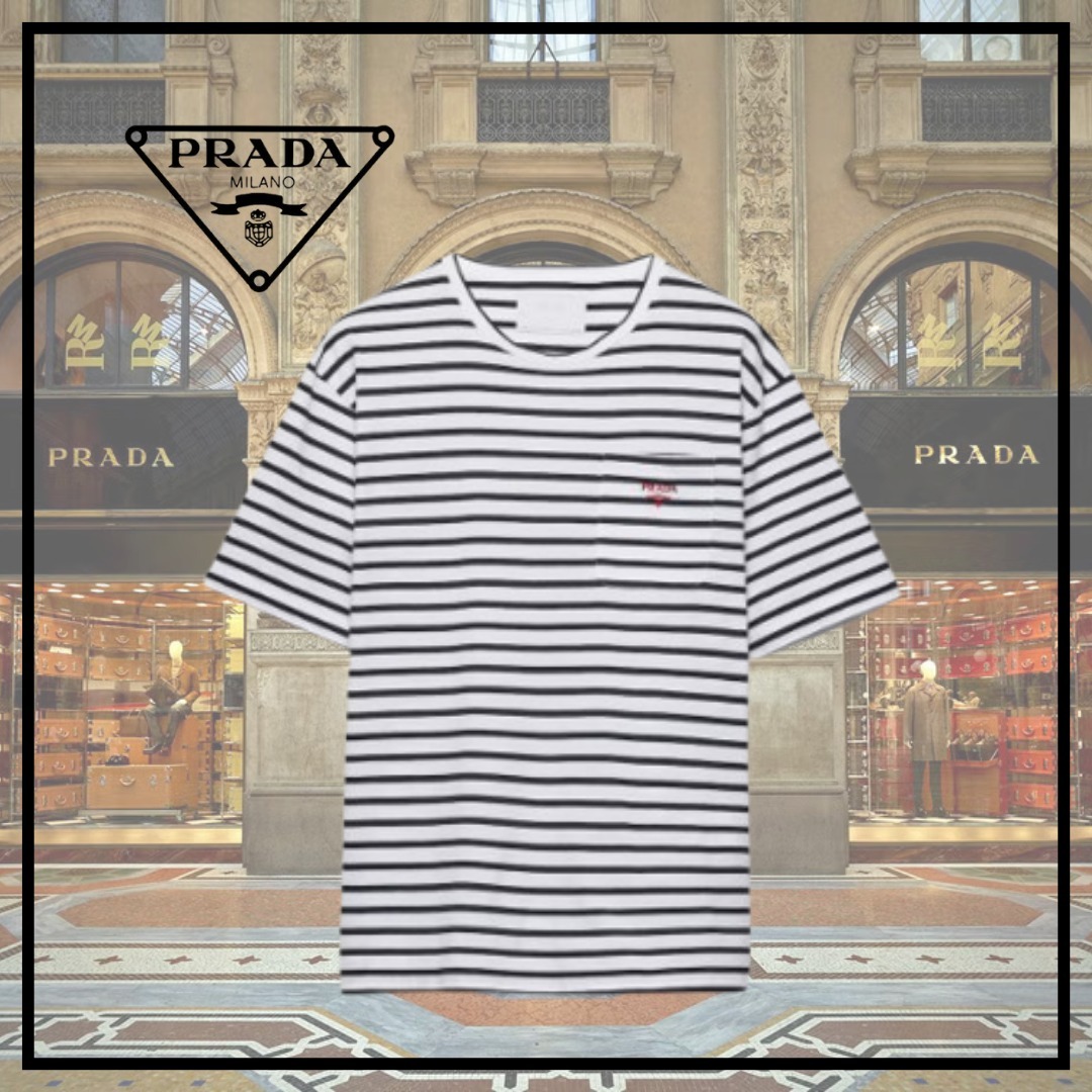 【PRADA】ストライプ コットン Tシャツ★ホワイト ブルー★S