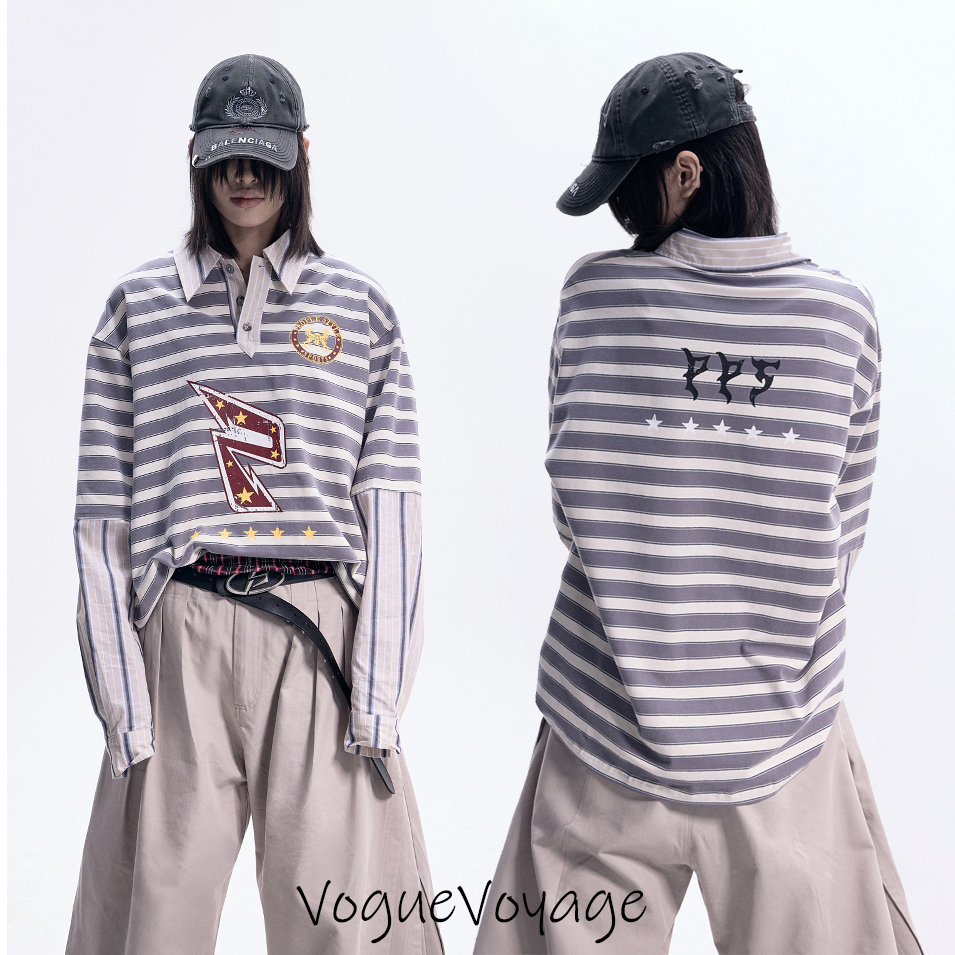 PEOPLESTYLE フェイクレイヤード ポロシャツ ストライプ ロンT