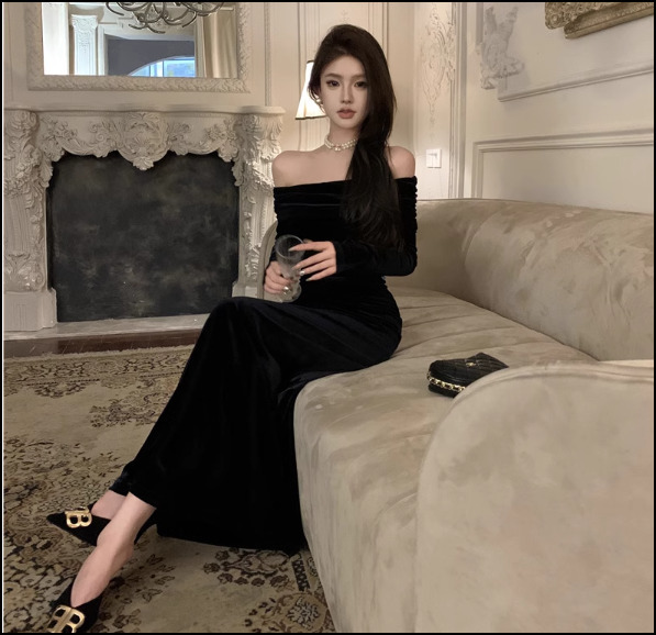 結婚式 パーティー ベロア ワンピース ロング丈 オフショルダー