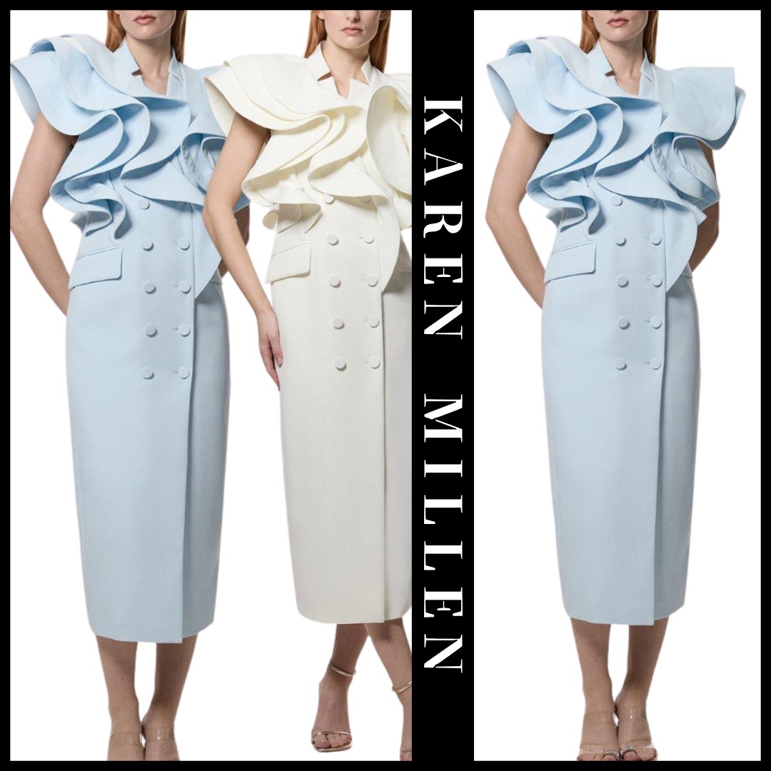 KAREN MILLEN 日本未入荷 ミディドレス フリル ボタン タイト