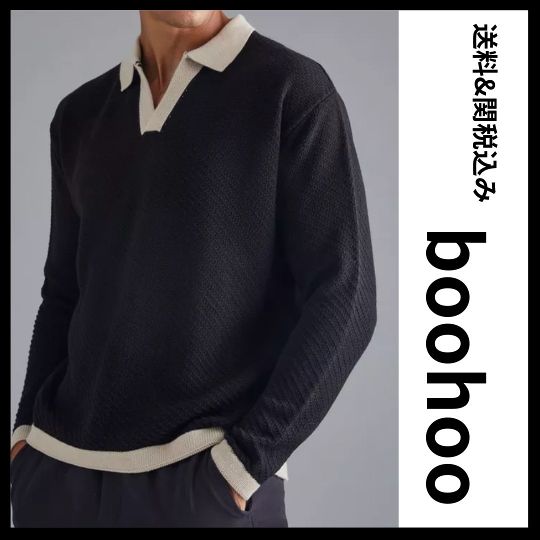 《boohoo》 コントラスト ニット×ポロ 長袖ポロシャツ