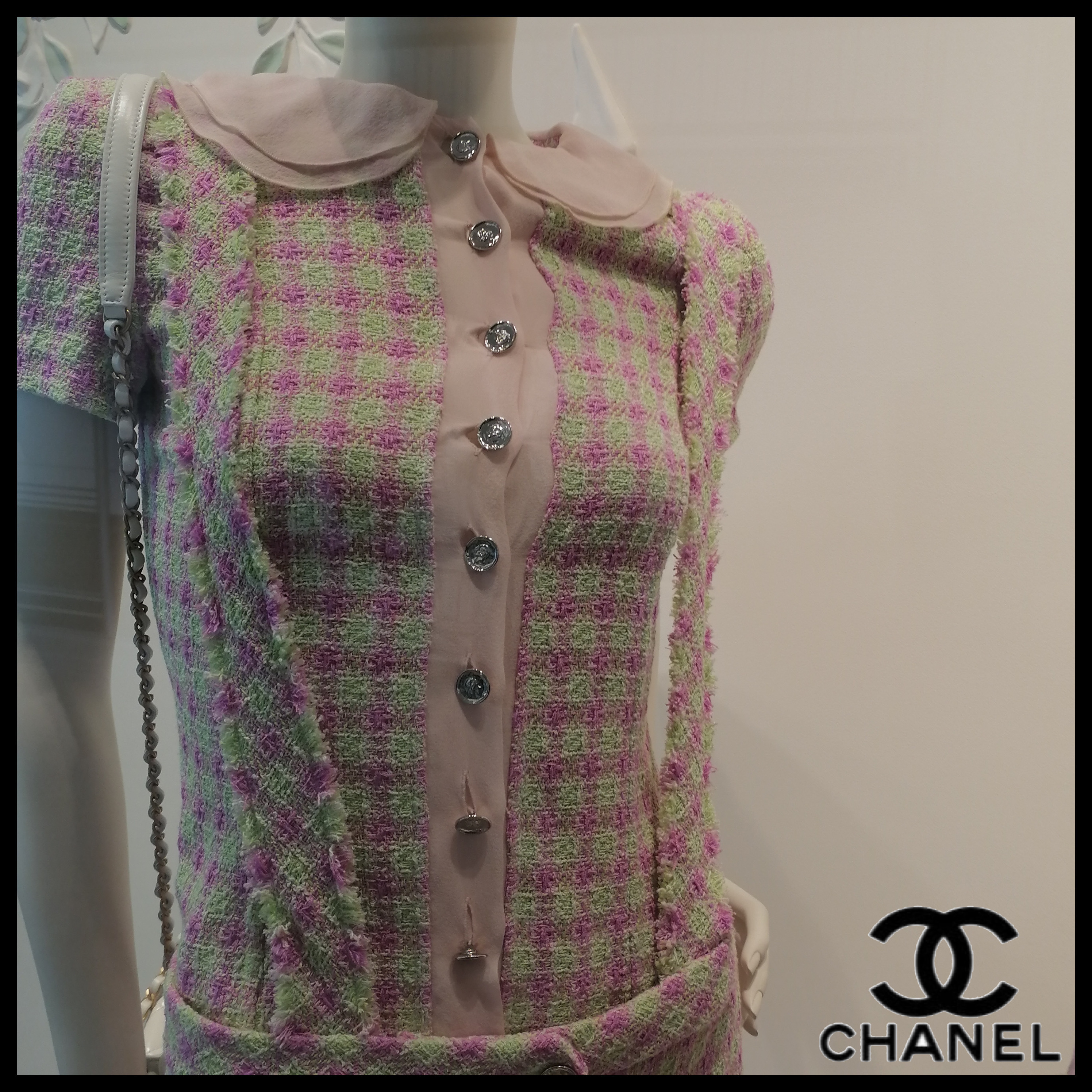 ◆CHANEL◆トップ コットン ツイード ピンク & ライトグリーン