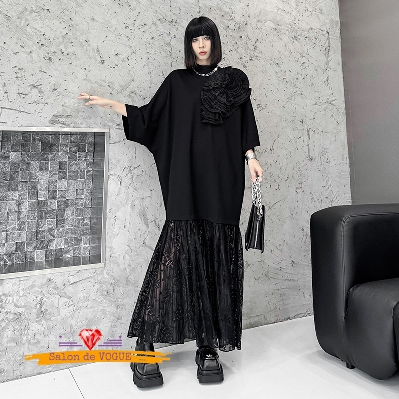 ワンピース レースドッキング ロング シースルー ゆったり 黒