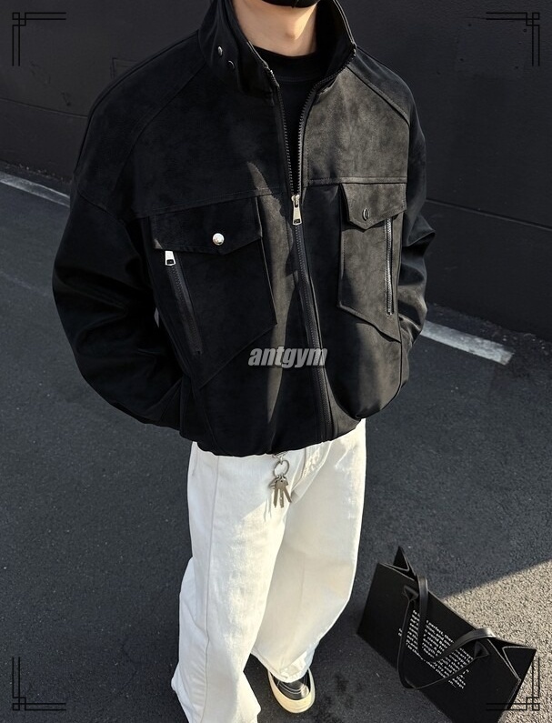 スタンドカラー レザージャケット M〜3XL ジップアップ ラグラン