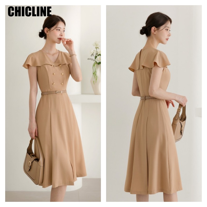 CHICLINE★MieLla Wing Collar Slit Belt Dress★