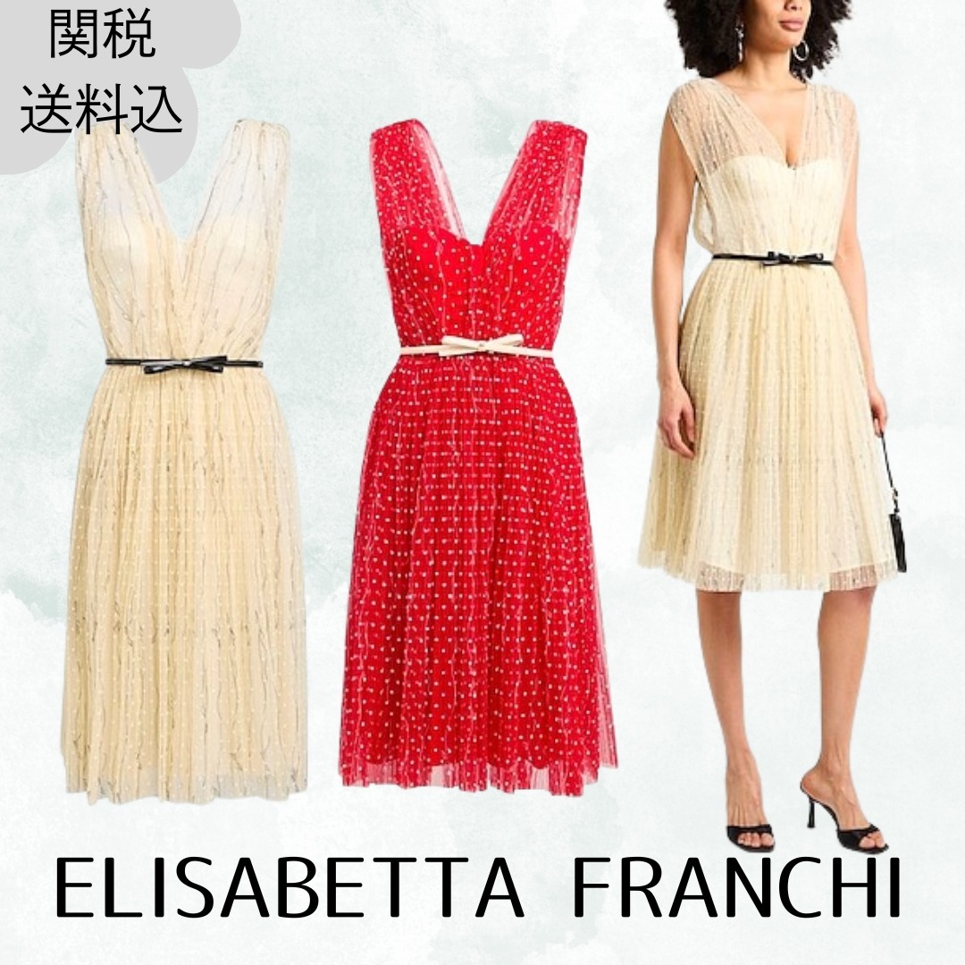 【ELISABETTA FRANCHI】ひざ丈ワンピース☆プリーツ 水玉 ベルト