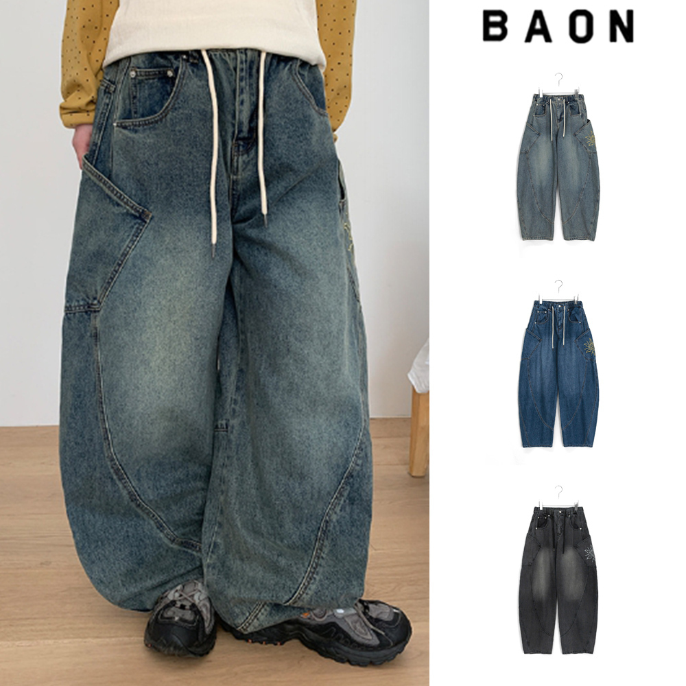 【BAON】[unisex] Abus embroidery denim wide balloon pants