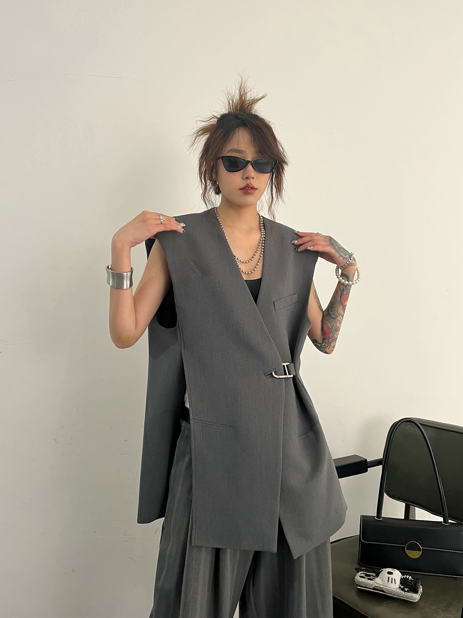 ジャケット ベスト 春夏 ストリート オーバー グレー 韓国