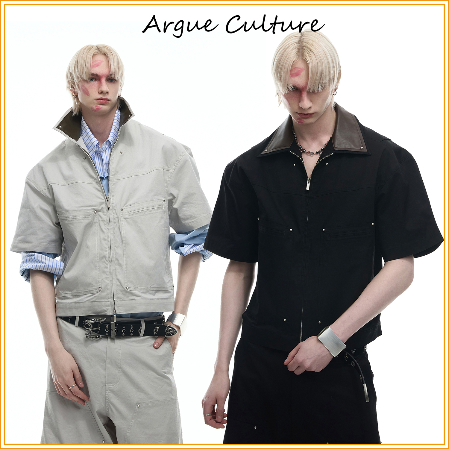 ArguE CulturE ショットジャケット 半袖 PUレザー切替 おしゃれ