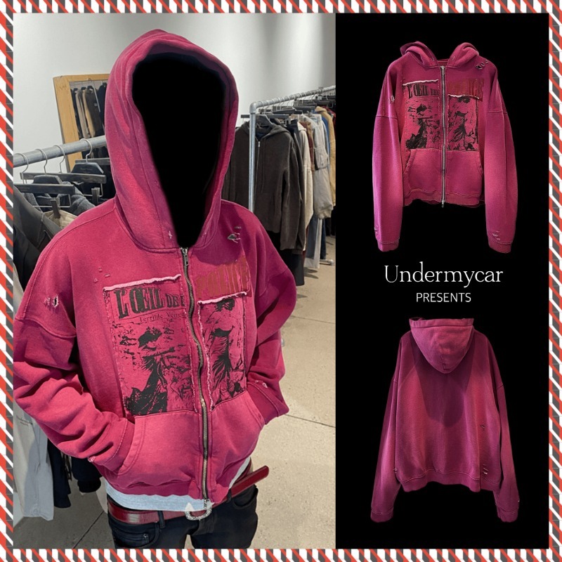 【Undermycar】25ss Vintage Poster Old Dyeing Zipped Hoodie