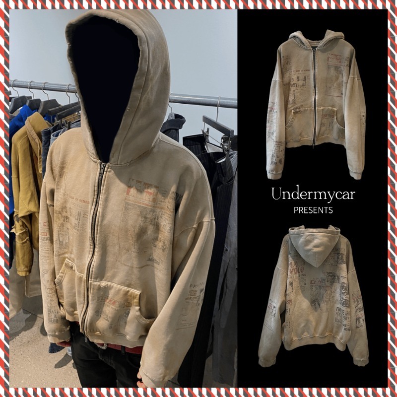 【Undermycar】25ss Old Faded Newspaper Vintage Zipped Hoodie