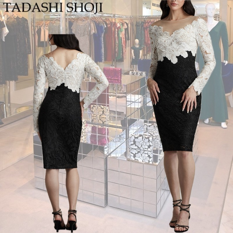【TADASHI SHOJI】ゴリー刺繍ボディスイリュージョンドレス