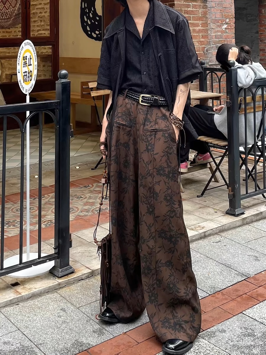 メンズ花柄スラックスロングパンツワイド春夏秋