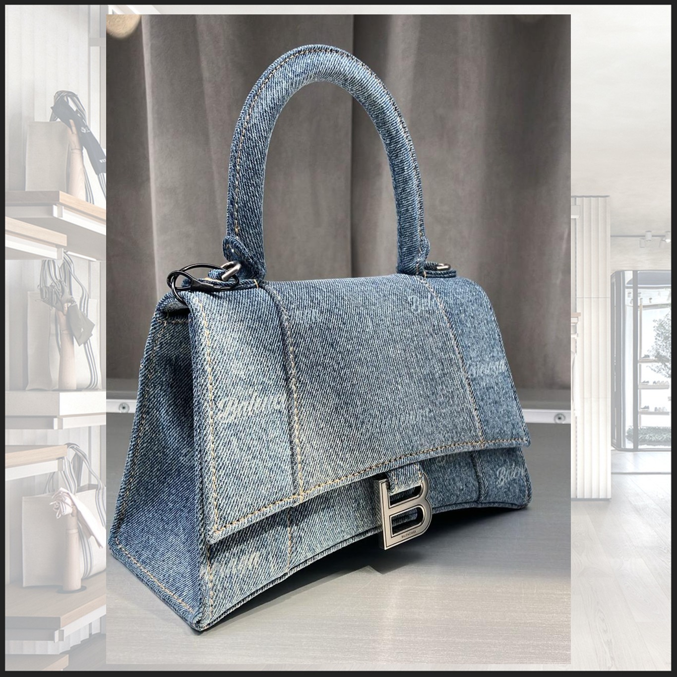 直営店☆BALENCIAGA☆ HOURGLASS S ロゴ デニム ハンドバッグ