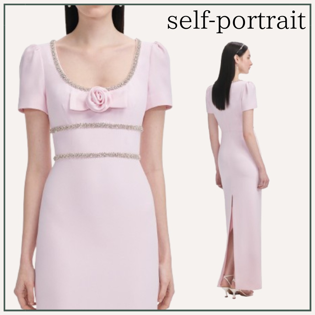 【クリスタル】self-portrait / ピンク クレープ マキシドレス