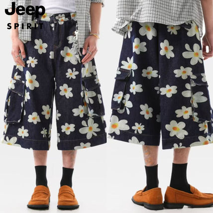 jeepレトロ ワイドショートパンツ ハーフパンツヒナギクパンツ jeepハーフパンツショートパンツストリートワイドボヘミアン