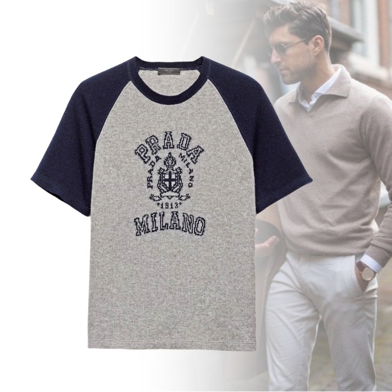 PRADA プラダ カシミヤTシャツ メンズ ロゴ Uネック スポーティ