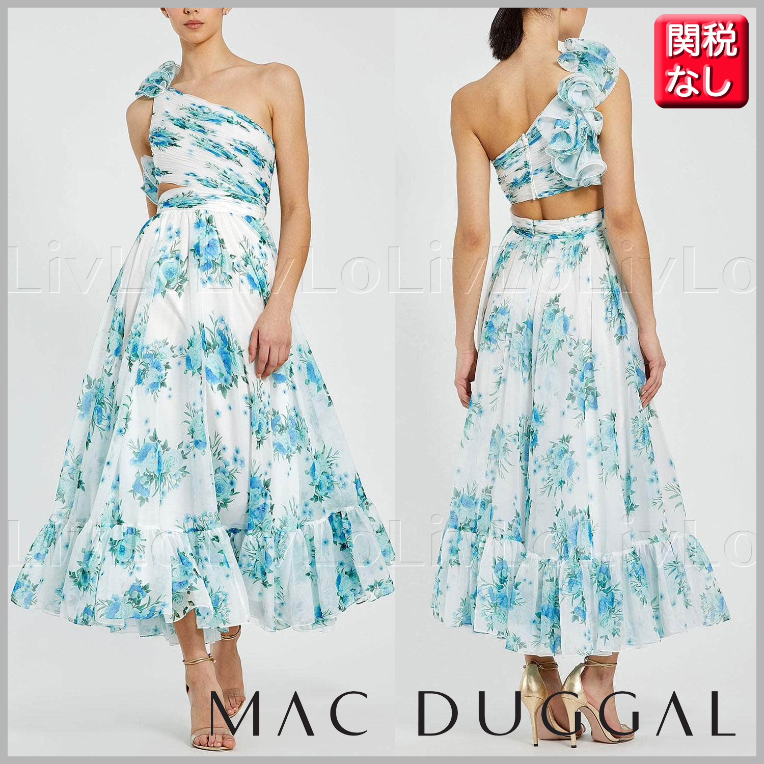【Mac Duggal】白と青の花柄ミディ丈フレアワンピース