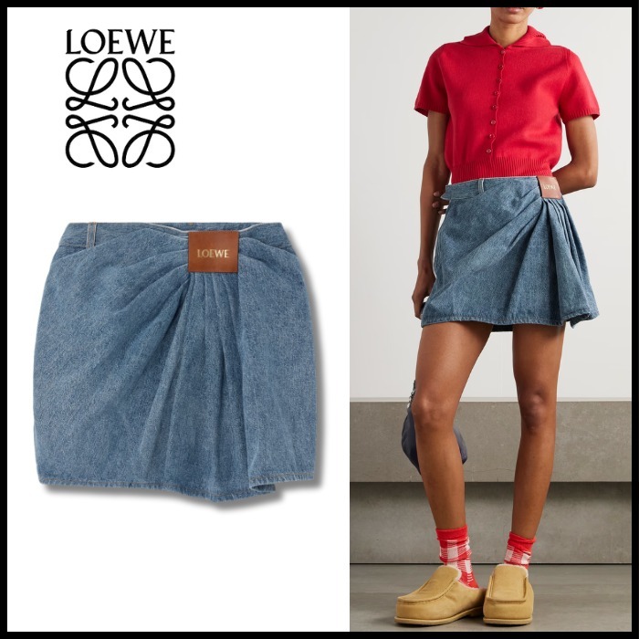 【LOEWE】 デニム ミニスカート レザートリム ドレープ入り
