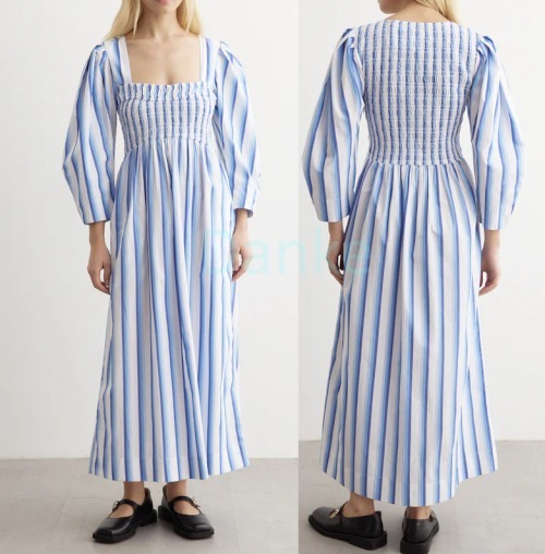 “GANNI” スモッキングギャザーストライプドレス Blue