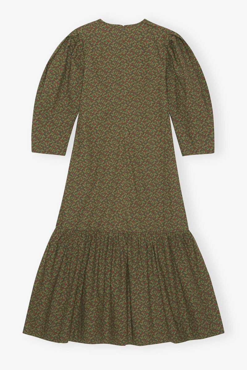“GANNI” Vネックコットンギャザーヘムドレス Floral/Khaki