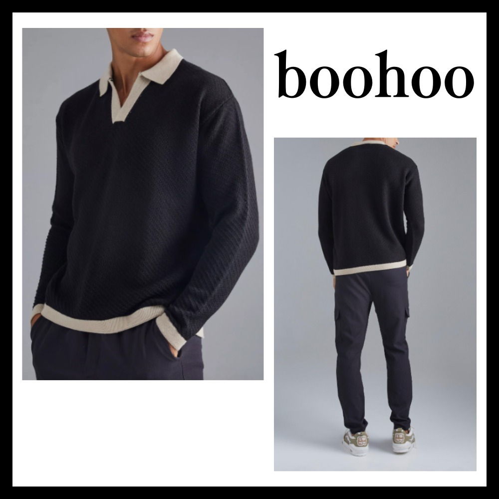 ◆ boohoo ◆長袖オーバーサイズ コントラスト ニットポロ black