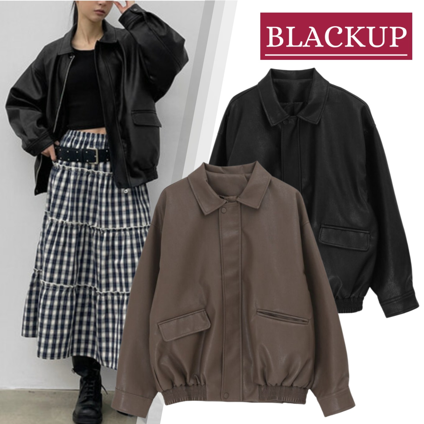 韓国発【BLACKUP】カロアンルーズフィットレザージャンパー