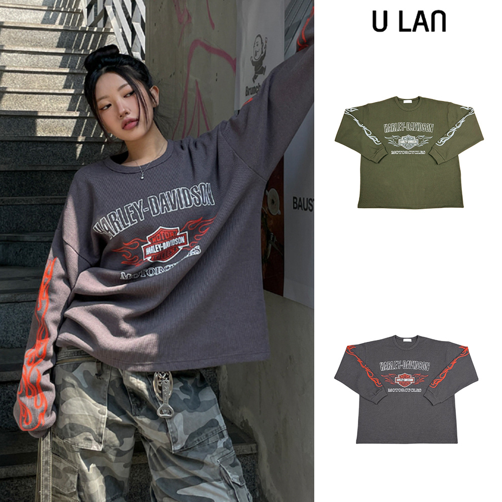 【U LAN】Harley Print Flame Waffle Long Sleeve