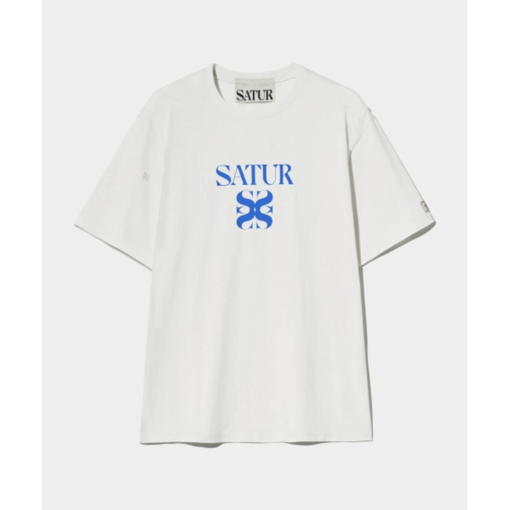 ★SATUR★ Classic Logo Short Sleeve T-Shirt White Blue SA242