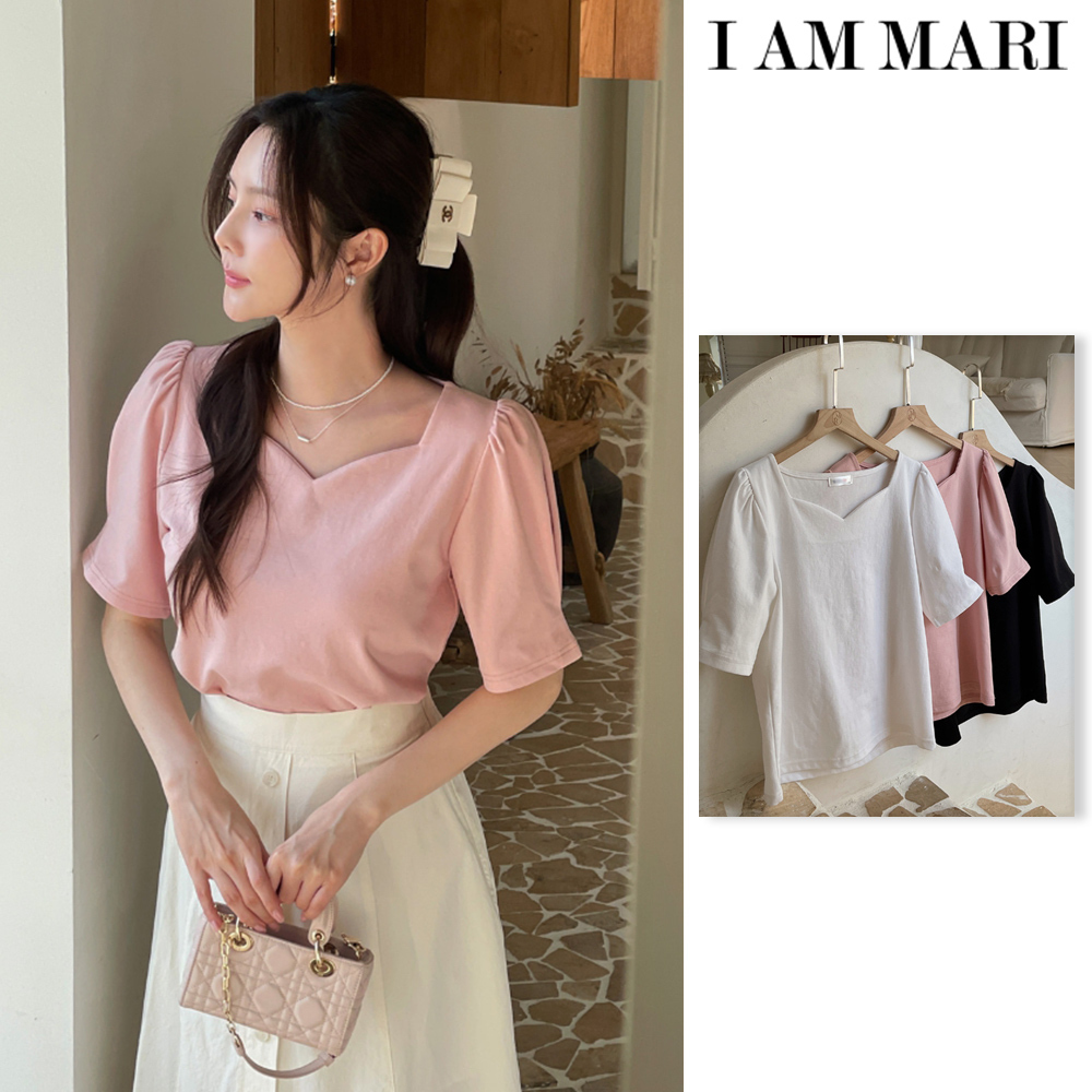 【I AM MARI】Romance Heart Neck Short Sleeve Puff T-Shirt