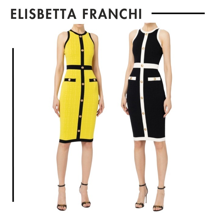 ELISABETTA FRANCHI●ダブルCロゴ×ゴールドボタン ミディドレス