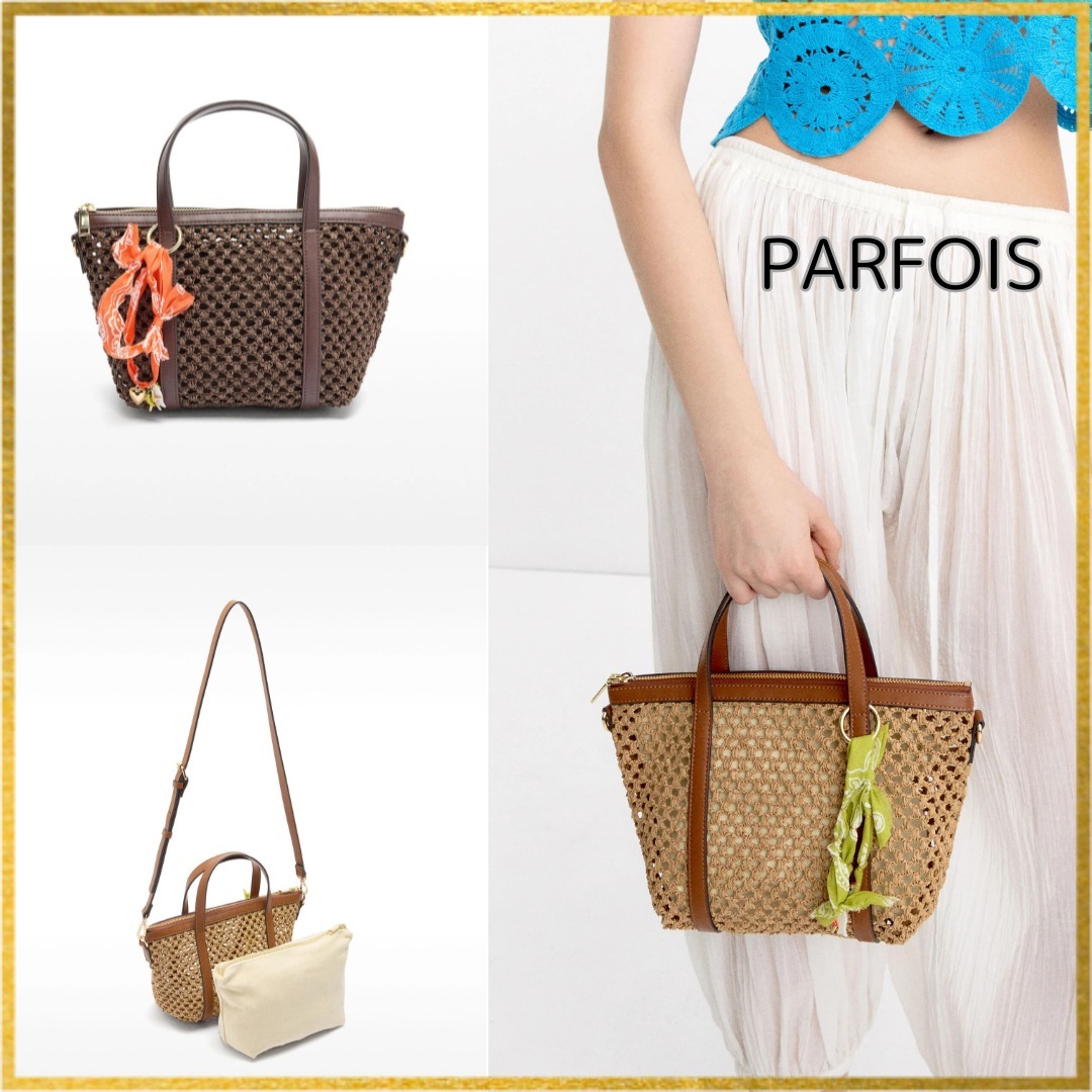 PARFOIS｜ミニトートバック 取り外し可能なポーチ付きラフィア風