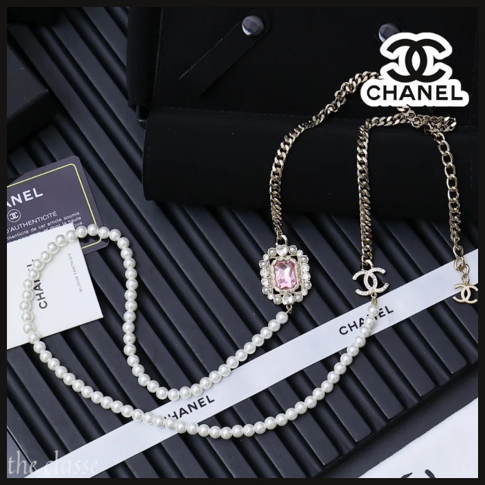 【チェーン×パール】CHANEL ロングネックレス ゴールド ピンク