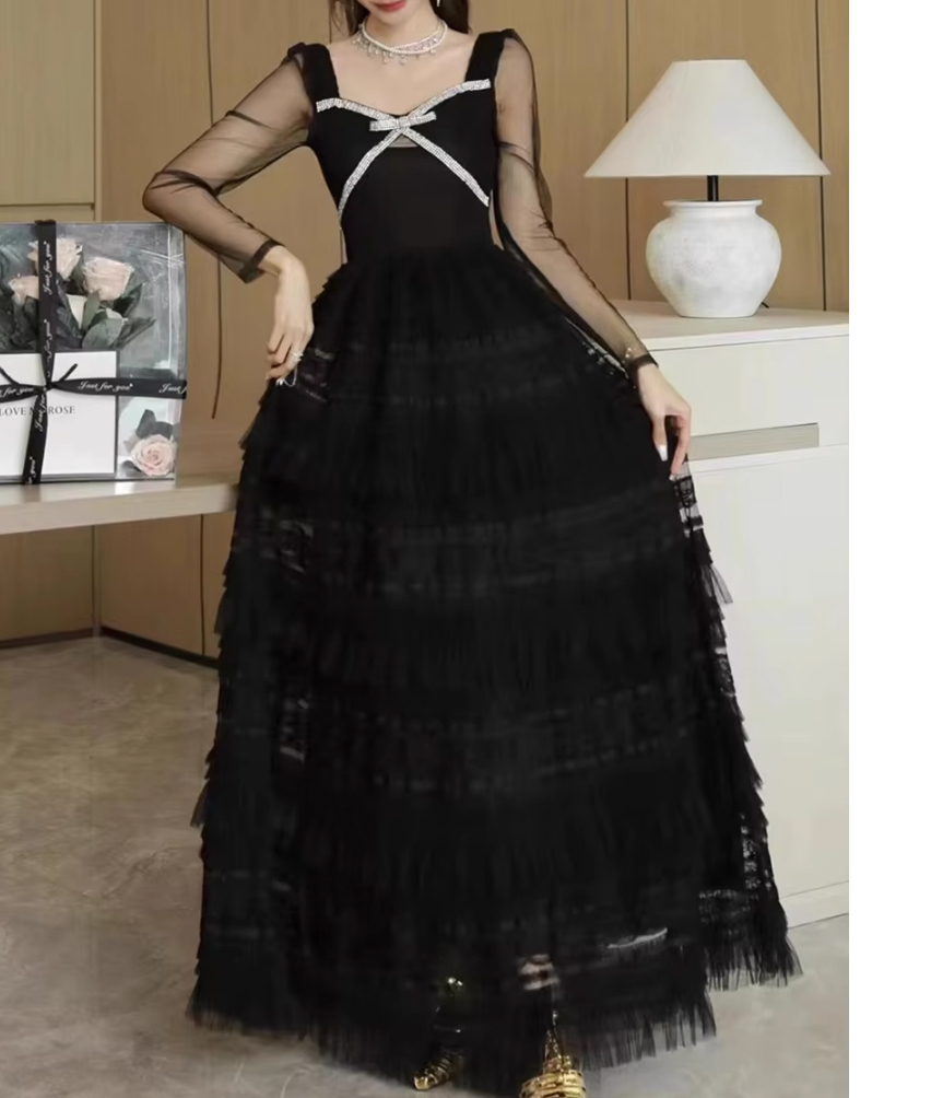 長袖 結婚式にも○ シフォン ティアードドレス ワンピース