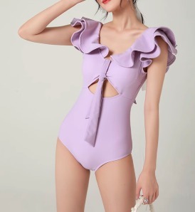 フリルワンピース水着 Vネック ホワイト パープル M/XL