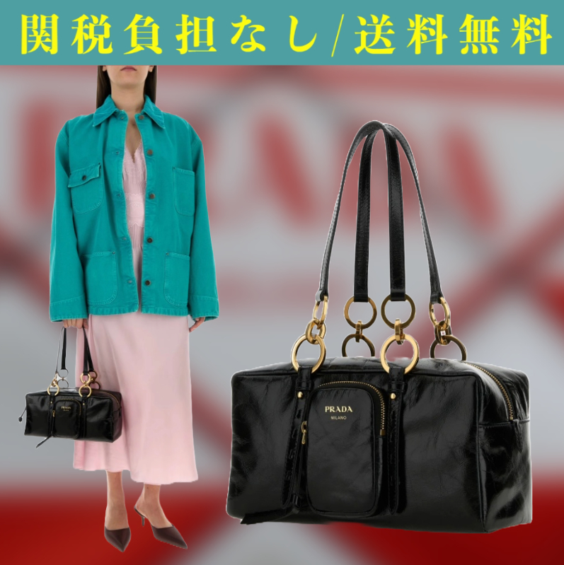 関税込 PRADA ダングル ミディアム レザー トップハンドルバッグ