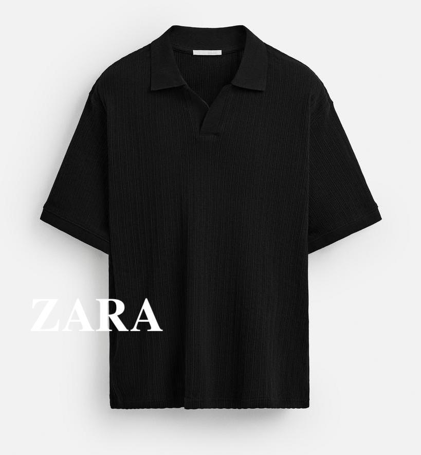 ★ドイツ発*ZARA*新作*リブテクスチャーポロシャツ/BLACK★
