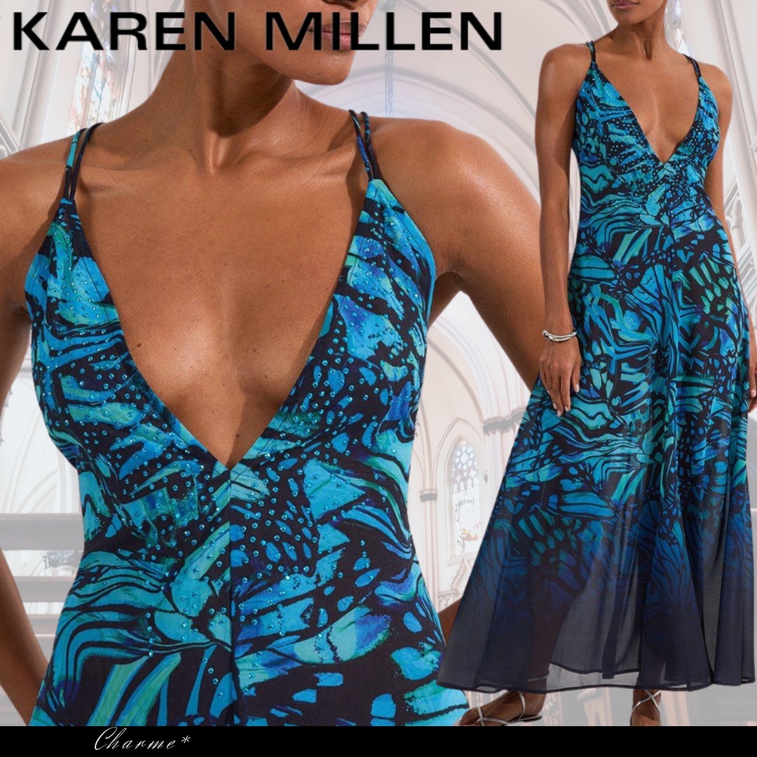 KAREN MILLEN マキシドレス ワンピース フレア ビジュー Vネック